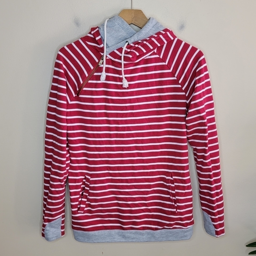 & Ampersand Ave Red & White Striped Double Hoodie Sweatshirt Size Small